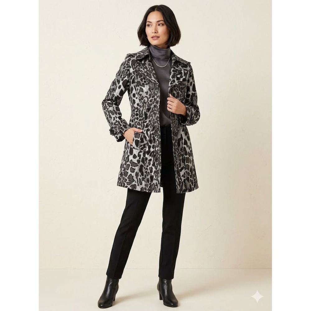 Nue Options‎ Petite Grey Black Leopard Print Trench Coat Jacket Metallic 6P
